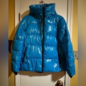 $200 SAM EDELMAN SOLID AZURE BLUE HOODED FUNNEL COLLAR PUFFER HIGH GLOSS SZ XXL